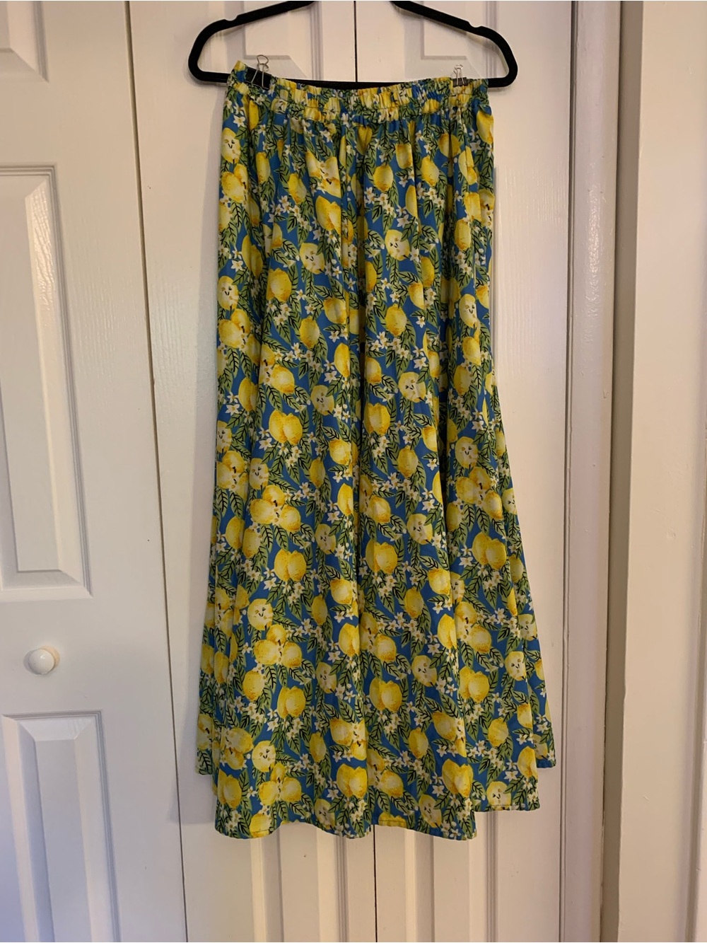 Blue & Yellow Lemon-Print Maxi Skirt, Elastic Waist